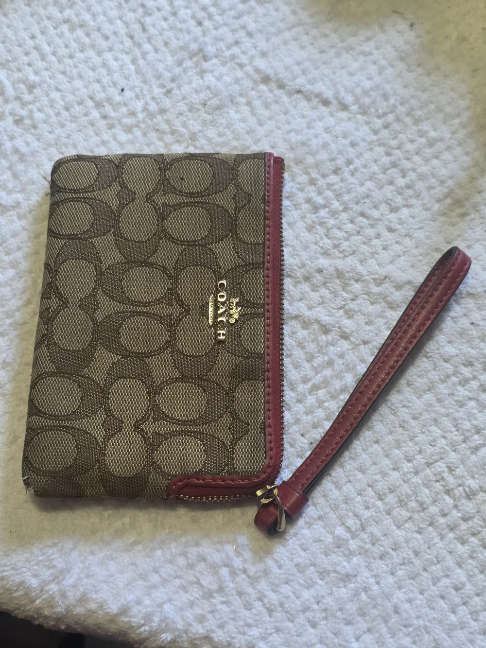 Coach Brown Signature Canvas Wristlet with Red Trim
